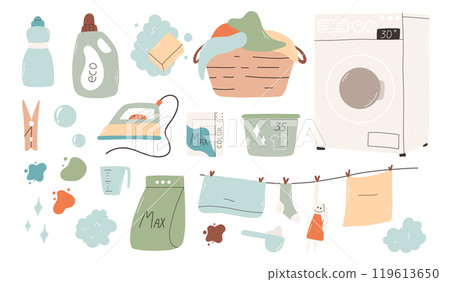 Set of elements for washing. Laundry collection. Vector illustration. Powder, washing machine, clothespin. 119613650