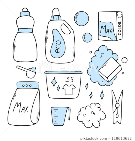 Set of laundry items in doodle style. Linear collection of laundry items. Vector illustration. Isolated elements on a white background. 119613652
