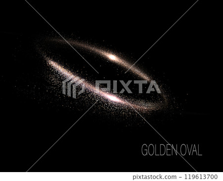 Isolated golden oval frame with sparkling tinsel on black background, design element 119613700