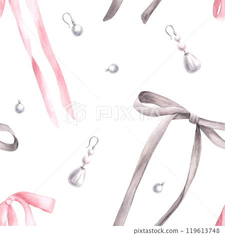 Watercolor bows, ribbons and pearl earrings seamless pattern. Girly romantic, coquette style fabric. Girl cute pink grey accessories. Wallpaper package hand drawn illustration Isolated from background Watercolor bows, ribbons and pearl earrings seamless pattern. Girly romantic, coquette style fabric. Girl cute pink grey accessories. Wallpaper package hand drawn illustration Isolated from background 119613748