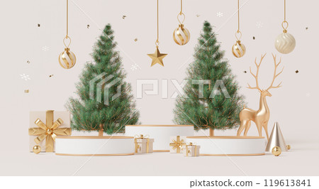 3D render, Merry Christmas scene with empty podium decorate with luxury gift, ornament ball and Christmas tree for new year celebration. 3D render, Merry Christmas scene with empty podium decorate with luxury gift, ornament ball and Christmas tree for new year celebration. 119613841
