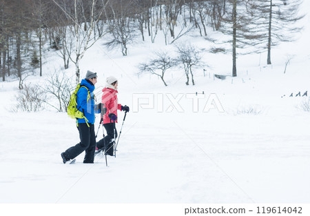 Couple enjoying snowshoes 119614042