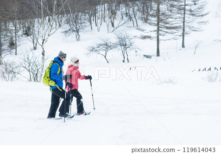 Couple enjoying snowshoes 119614043