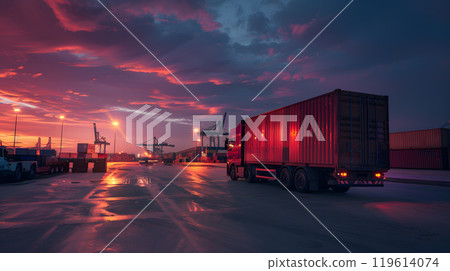Truck trailer on the pier in the cargo port terminal with cranes and containers. AI Generated 119614074
