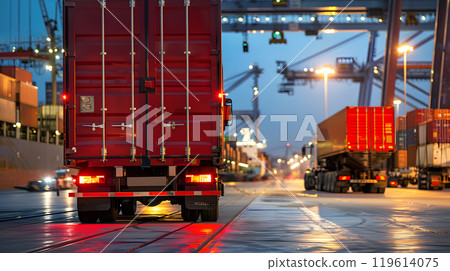 Truck trailer on the pier in the cargo port terminal with cranes and containers. AI Generated 119614075
