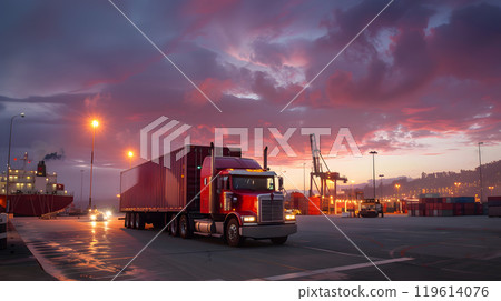 Truck trailer on the pier in the cargo port terminal with cranes and containers. AI Generated Truck trailer on the pier in the cargo port terminal with cranes and containers. AI Generated 119614076