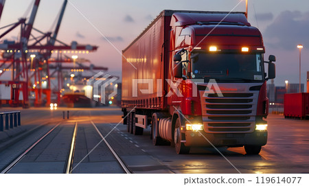 Truck trailer on the pier in the cargo port terminal with cranes and containers. AI Generated 119614077