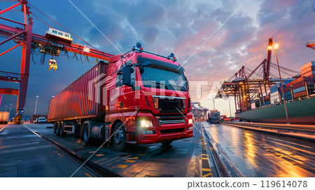 Truck trailer on the pier in the cargo port terminal with cranes and containers. AI Generated Truck trailer on the pier in the cargo port terminal with cranes and containers. AI Generated 119614078