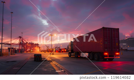 Truck trailer on the pier in the cargo port terminal with cranes and containers. AI Generated Truck trailer on the pier in the cargo port terminal with cranes and containers. AI Generated 119614082