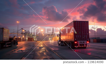 Truck trailer on the pier in the cargo port terminal with cranes and containers. AI Generated 119614090