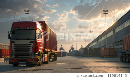 Truck trailer on the pier in the cargo port terminal with cranes and containers. AI Generated 119614143