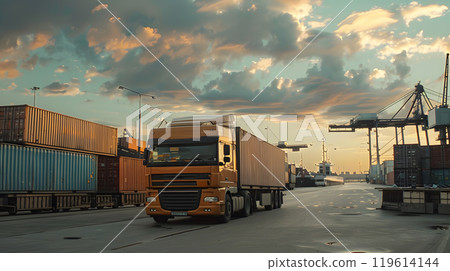 Truck trailer on the pier in the cargo port terminal with cranes and containers. AI Generated 119614144