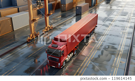Truck trailer on the pier in the cargo port terminal with cranes and containers. AI Generated 119614145