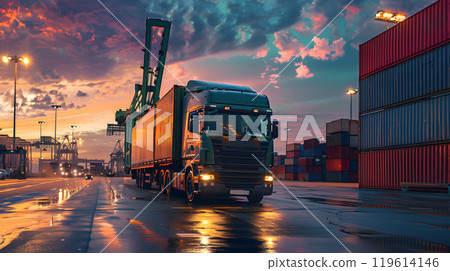 Truck trailer on the pier in the cargo port terminal with cranes and containers. AI Generated 119614146