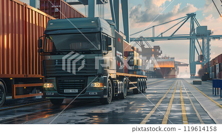 Truck trailer on the pier in the cargo port terminal with cranes and containers. AI Generated 119614158