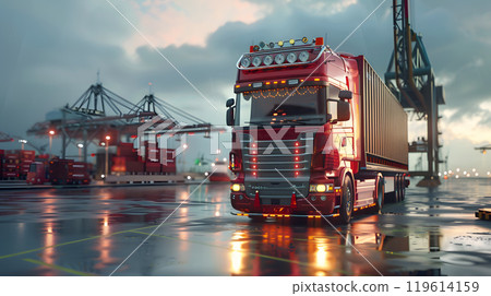 Truck trailer on the pier in the cargo port terminal with cranes and containers. AI Generated 119614159