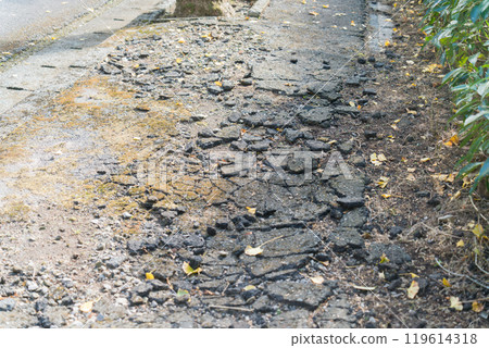 Severely damaged sidewalk with cracked pavement Severely damaged sidewalk with cracked pavement 119614318