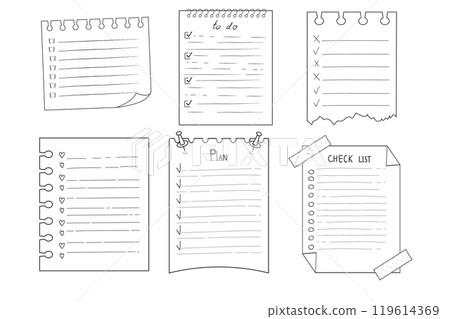 Set To do check list page doodle blank. Reminder, memo note hand drawn isolated on white. Pencil planner, notepad, sheet.  119614369