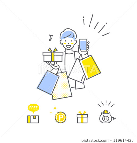 A young man enjoying shopping. Simple and stylish line drawing illustration A young man enjoying shopping. Simple and stylish line drawing illustration 119614423