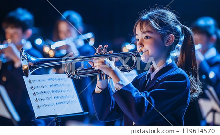 Student playing music instrument at the school music room 119614570