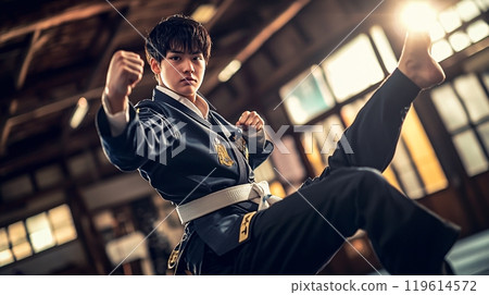 Student playing karate at the school 119614572