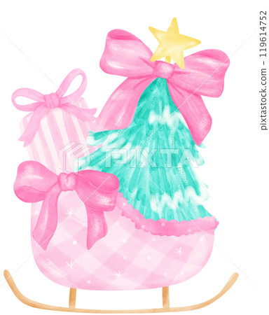 Preppy Coquette Christmas santa sleigh with pine tree and gift presents pastel watercolor pink and mint green color Preppy Coquette Christmas santa sleigh with pine tree and gift presents pastel watercolor pink and mint green color 119614752