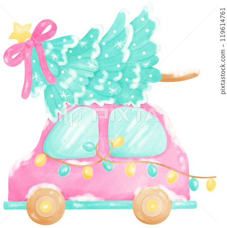 Preppy Christmas Tree on Pink Car Illustration Preppy Christmas Tree on Pink Car Illustration 119614761