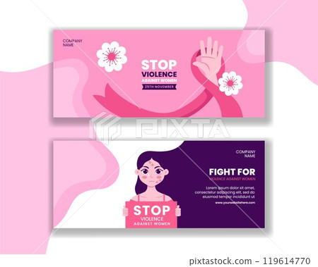 Awareness Horizontal Banner for Violence Against Women with Cartoon Background Illustration 119614770