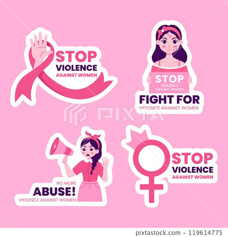 End Violence Against Women Awareness Label with Cartoon Background 119614775