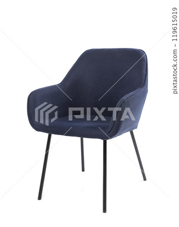 Comfortable blue armchair on white background. Interior element. Blue velor armchair on stable wooden legs. Suede seat for an interior of cafe, restaurants and dining room interior. Cozy and elegant Comfortable blue armchair on white background. Interior element. Blue velor armchair on stable wooden legs. Suede seat for an interior of cafe, restaurants and dining room interior. Cozy and elegant 119615019