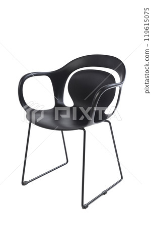 Black plastic and metal legs chair. Modern designer chair on white background. Metal chair. Series of furniture. 119615075