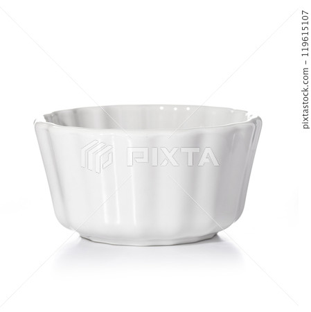 Round ceramic baking tray isolated on white background. Small glazed ceramic ramekin 119615107
