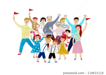 兒童和成人微笑著揮手的手繪插圖 119615118