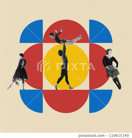 Contemporary art collage. Dancers stand against grid of colorful geometric shapes, their movements highlighting harmony. Contemporary art collage. Dancers stand against grid of colorful geometric shapes, their movements highlighting harmony. 119615140