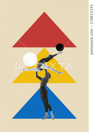 Contemporary art collage. Male dancer lifts ballerina, creating triangular composition with colorful shapes. Ballet with dynamic abstract elements. Contemporary art collage. Male dancer lifts ballerina, creating triangular composition with colorful shapes. Ballet with dynamic abstract elements. 119615141