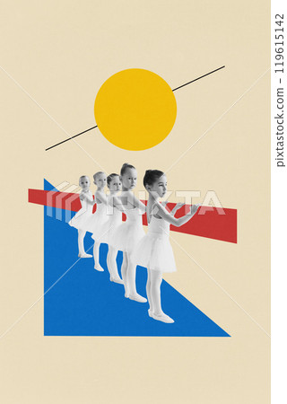Contemporary art collage. Line of young ballerinas in white tutus holds barre against striking yellow circle and geometric shapes. Contemporary art collage. Line of young ballerinas in white tutus holds barre against striking yellow circle and geometric shapes. 119615142