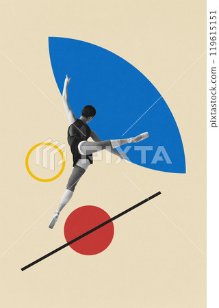 Contemporary art collage. Dancer performs graceful leap in front of vibrant, geometric shapes. Elegance of ballet and abstract art. 119615151