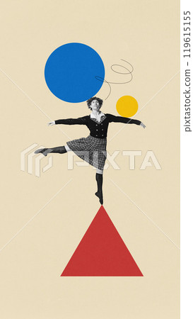 Contemporary art collage. Dancer balances on red triangle with colorful circles floating in air, blending dance with geometric forms in striking visual composition. Contemporary art collage. Dancer balances on red triangle with colorful circles floating in air, blending dance with geometric forms in striking visual composition. 119615155