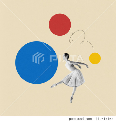 Contemporary art collage. ballerina dances gracefully, balanced against vibrant red, yellow, and blue geometric shapes on beige background. Simple elegance meets abstraction. Contemporary art collage. ballerina dances gracefully, balanced against vibrant red, yellow, and blue geometric shapes on beige background. Simple elegance meets abstraction. 119615168