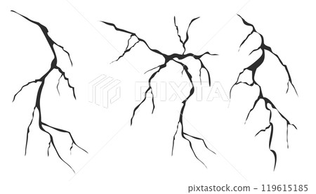 Cracked glass, wall, egg, fissures in ground top view. Set concrete, crevices from disaster, surface from earthquake, Ruined breaked land surface doodle, hand drawn 119615185
