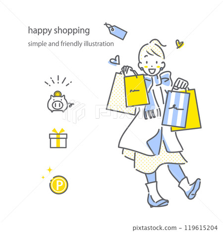 A young woman enjoying shopping in winter. Simple and stylish line drawing illustration 119615204