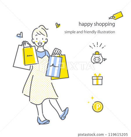 A young woman enjoying shopping. Simple and stylish line drawing illustration A young woman enjoying shopping. Simple and stylish line drawing illustration 119615205
