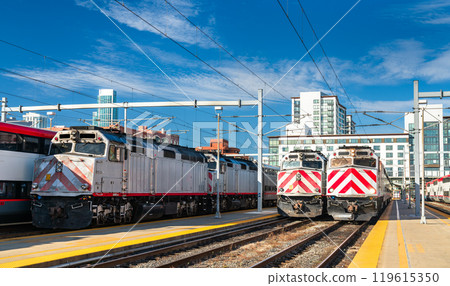 Old diesel locomotives at San Francisco 4th and King Street station. California, United States 119615350