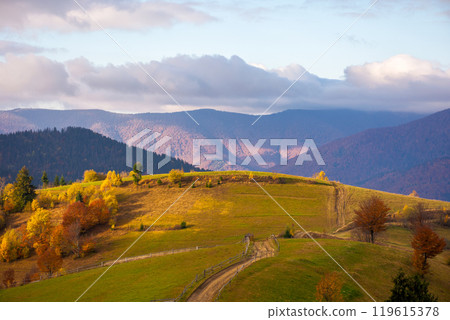 mountainous rural landscape in autumn. beautiful view. sunny weather. trees in colorful foliage. scenery with path through grassy fields and hills rolling. wonderful countryside mountainous rural landscape in autumn. beautiful view. sunny weather. trees in colorful foliage. scenery with path through grassy fields and hills rolling. wonderful countryside 119615378