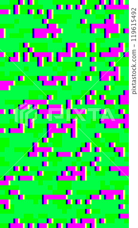 Abstract pixelated glitch art in bright green and pink with blocky 8 bit pattern 119615492