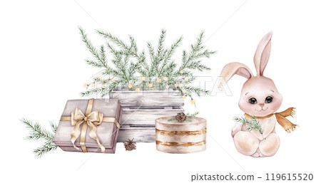 Watercolor Christmas cute winter hare with New Year's garland, tree branch in wooden box and gift box with golden bow. Hand painted fir-needle and cake with pine cone illustration on isolated. Watercolor Christmas cute winter hare with New Year's garland, tree branch in wooden box and gift box with golden bow. Hand painted fir-needle and cake with pine cone illustration on isolated. 119615520