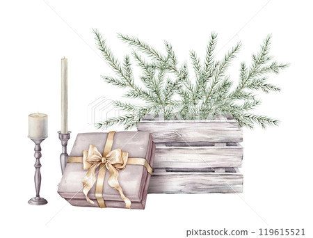 Watercolor Christmas tree branch in wooden box of white gray with fir needle and gift . Hand painted illustration with candles on isolated background. Freehand drawing for Christmas and new year 119615521