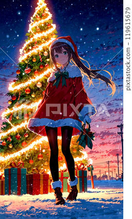 動漫風格美麗的女孩穿著聖誕老人的衣服和聖誕樹 119615679
