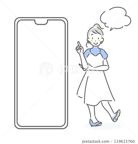 一位年輕女子指著智慧型手機螢幕，簡單時尚的線條畫插圖 119615760
