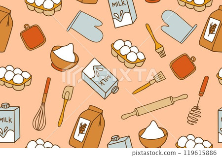 Colorful seamless pattern of baking accessories. Kitchen cooking utensils in doodle style. 119615886